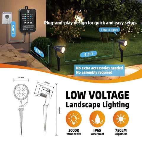 Diagram of All-In-One Low Voltage Landscape Lighting Kit 8 Pack 5W Die-Cast Aluminum Outdoor Spotlights in yard setup