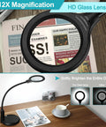 12X Magnifying Glass With Light And Clamp, Five Color Modes And Stepless Dimmer, Lighted Magnifier With Stand on a wooden desk