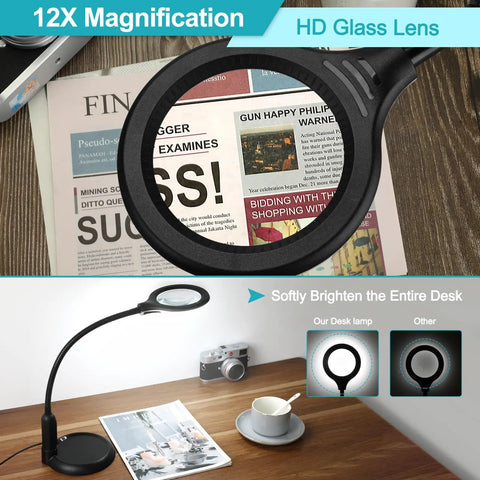 12X Magnifying Glass With Light And Clamp, Five Color Modes And Stepless Dimmer, Lighted Magnifier With Stand on a wooden desk