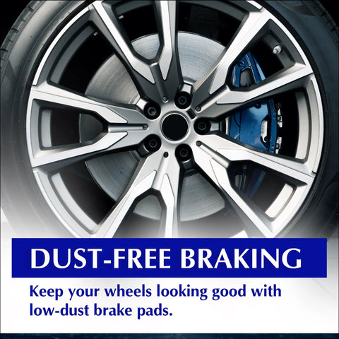 Front disc brake rotor with blue caliper visible behind a silver alloy wheel.