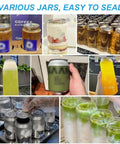 Various jars and cans ready for sealing with Commercial Electric Cup Sealer Machine For Glass And Plastic Cups Semi Automatic Heat Sealing System With Quick Turnaround And Built Tough Steel Frame For Daily Grind Cafes.