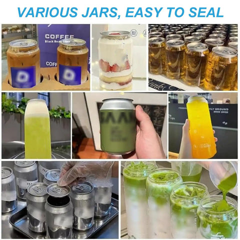 Various jars and cans ready for sealing with Commercial Electric Cup Sealer Machine For Glass And Plastic Cups Semi Automatic Heat Sealing System With Quick Turnaround And Built Tough Steel Frame For Daily Grind Cafes.