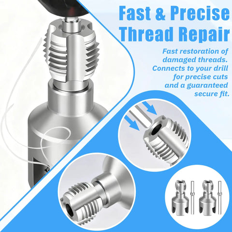 2-In-1 PVC Pipe Threader Kit With Internal And External Dies For One-Half And Three-Quarter Inch Pipes, drill attachment view