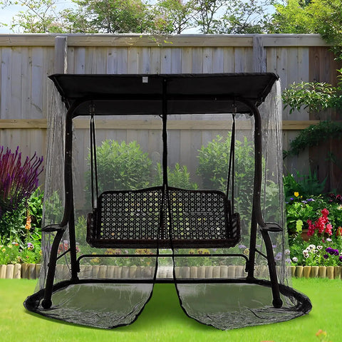 Premium Patio Swing Mosquito Netting for 2-3 Seater Outdoor Swing, black mesh with double zipper, installed in garden