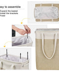 Instructional setup of the Two-Pack Slim Laundry Hampers Set in Beige and Khaki, Collapsible Linen-Like Fabric Baskets for Clothes, Toys, Towels.
