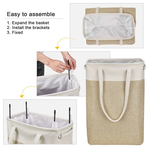 Instructional setup of the Two-Pack Slim Laundry Hampers Set in Beige and Khaki, Collapsible Linen-Like Fabric Baskets for Clothes, Toys, Towels.
