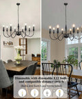 37.4 Inch Black Farmhouse Chandelier With 8 Candle Style Lights in dining room setting