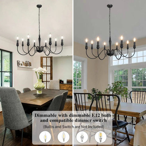 37.4 Inch Black Farmhouse Chandelier With 8 Candle Style Lights in dining room setting