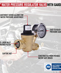 Front view of 3/4-inch brass RV water pressure regulator with gauge for camper/trailer water systems