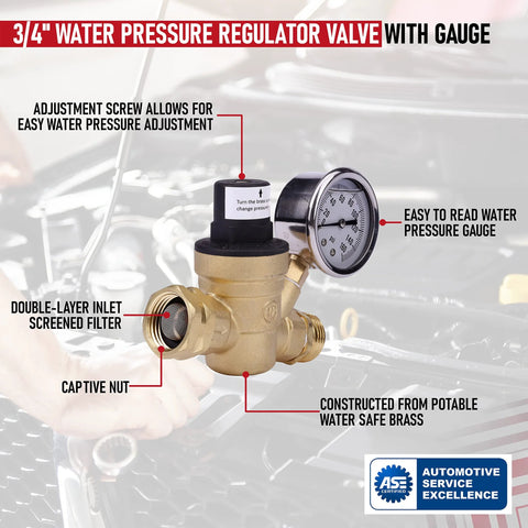 Front view of 3/4-inch brass RV water pressure regulator with gauge for camper/trailer water systems