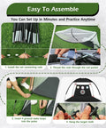 Step-by-step setup of Home Golf Net 10x7ft Set With Foldable Tri Turf Mat And Training Target for backyard practice.