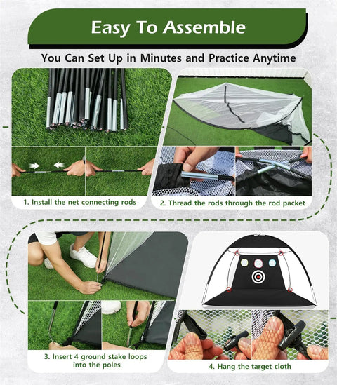 Step-by-step setup of Home Golf Net 10x7ft Set With Foldable Tri Turf Mat And Training Target for backyard practice.
