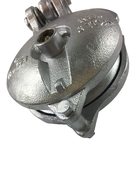 Close-up of Beefy Snatch Block Wire Rope Pulley For Yard Rigging Heavy Duty Yarding Block with grease fitting and metal construction.