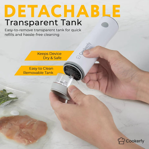Hand holding detachable tank of Must Have Food Vacuum Sealer Machine With Digital Display And Visible Tank 8L Air Flow Handheld Portable