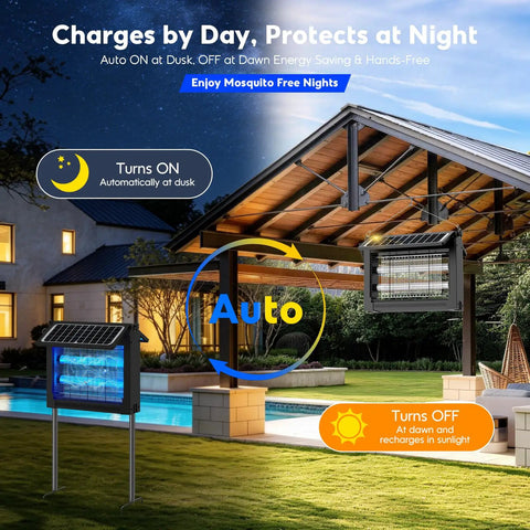 Dual Powered Mosquito Zapper With 4500V Electric Grid USB Recharge Auto On Off IPX5 Waterproof Fly Trap in outdoor setup