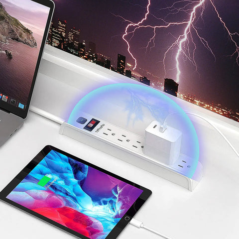 Six Outlet Surge Protector Power Strip With Four Foot Extension Cord, 600 Joules Surge Protection, glowing city backdrop