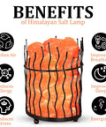 Pink Himalayan Salt Lamp With Dimmer Switch In A Tall Round Metal Basket, 8 To 10 Lbs, benefits text in background