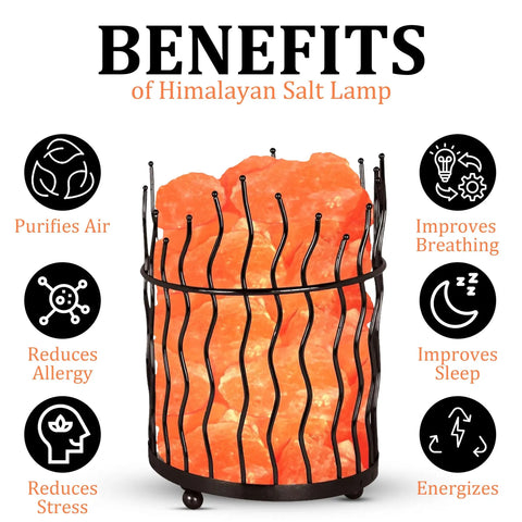 Pink Himalayan Salt Lamp With Dimmer Switch In A Tall Round Metal Basket, 8 To 10 Lbs, benefits text in background