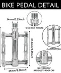Flat Bike Pedals Nine Sixteenth Inch With Reflectors detail showing dimensions, aluminum build, and waterproof cap