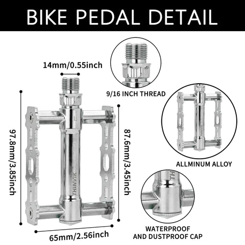 Flat Bike Pedals Nine Sixteenth Inch With Reflectors, Retro Silver Lightweight Aluminum Platform Pedals With Dual Sealed Bearings For Mountain BMX And