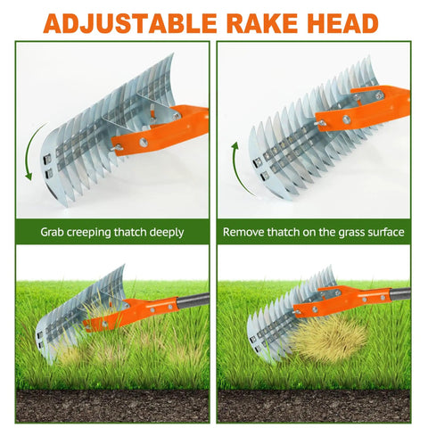 15 Inch Dethatcher Lawn Rake With Adjustable Handle for Thatch Removal and Scarification in action on green lawn