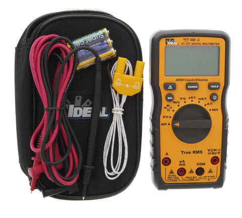 Auto Range Digital Multimeter 600V CAT III NCVT Temp with Backlit Display and accessories including test leads and batteries