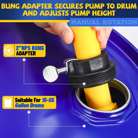 Bung adapter for Built Tough Manual Drum Pump securing to 15-55 gallon drum with a manual rotation feature.