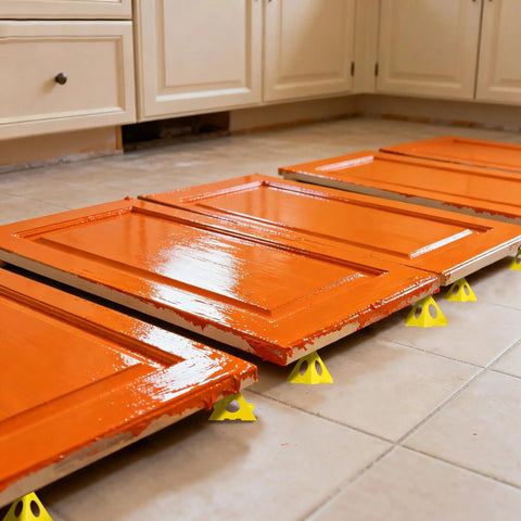 36 Pack Mini Painter Pyramid Stands For Painting And Pouring elevating orange cabinet doors on a tiled floor