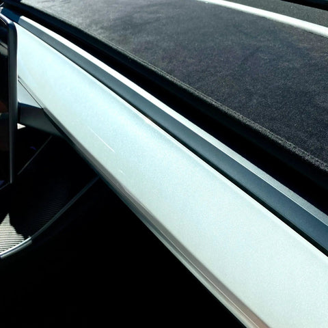 Close-up of Glossy Pearl White Dashboard Cover For Tesla Model 3 And Y Direct Fit Abs Trim showing sleek finish on console.