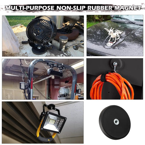 10 Pack Rubber Coated NdFeB Magnets With M4 Female Threads used for mounting tools and lights, shown in various installations.