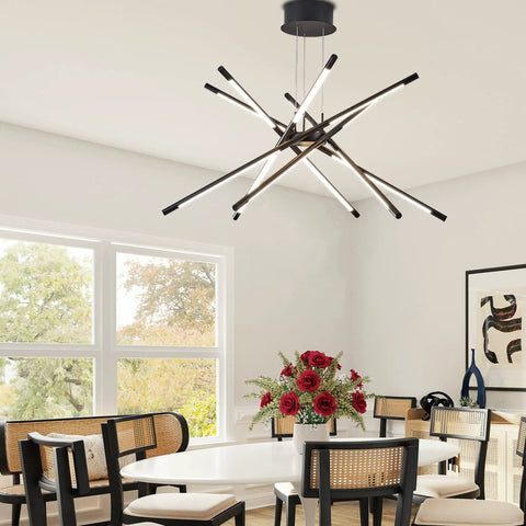 Black Modern LED Sputnik Chandelier With 12 Lights Pendant, 4000K dimmable ceiling fixture in aluminum and acrylic over dining table