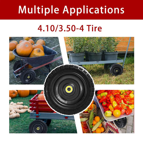Image showing 4 Pack 10 Inch Flat Free Tires For Gorilla Carts And Garden Wagons in various applications with solid rubber wheels.