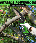 Person using Six Inch Cordless Mini Chainsaw with 2025 upgraded copper motor for tree trimming in the yard.