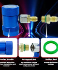 R1234yf Quick Coupler Adapter Kit with High and Low Pressure Fittings showing blue knurled handle and green rubber seal.