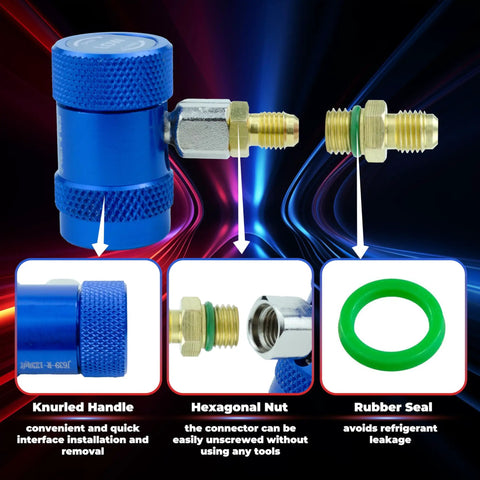R1234yf Quick Coupler Adapter Kit with High and Low Pressure Fittings showing blue knurled handle and green rubber seal.
