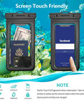 Two Six Pack 8.5 Inch Waterproof Phone Pouches With Durable Lanyards displaying touch-screen use underwater