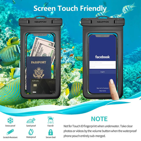 Two Six Pack 8.5 Inch Waterproof Phone Pouches With Durable Lanyards displaying touch-screen use underwater
