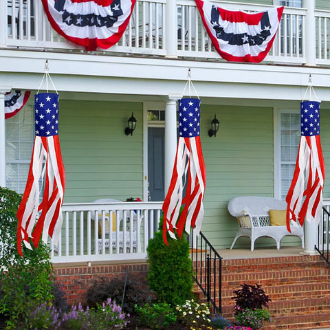 Three Pack 60 Inch American Flag Windsocks With Red White Blue LED Lights for Outdoor Yard Decor on house porch for Fourth of July
