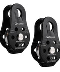 Black heavy duty zipline pulley for rescue, climbing, mountaineering, hauling; aluminum alloy, 30kN 6700 lbs capacity
