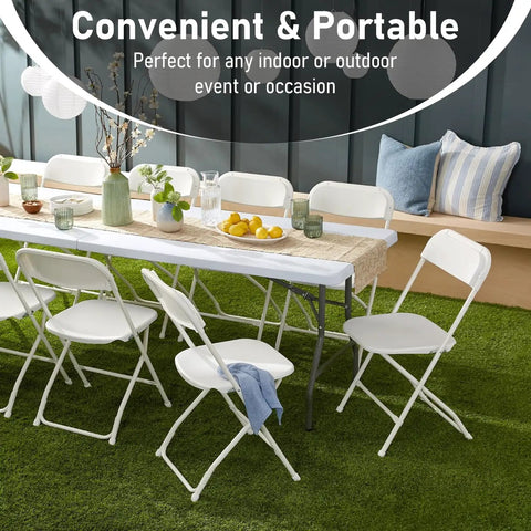Six Foot Heavy Duty Folding Table With Locking Legs And Carry Handle set up outdoors with chairs, decorations, and food for a party