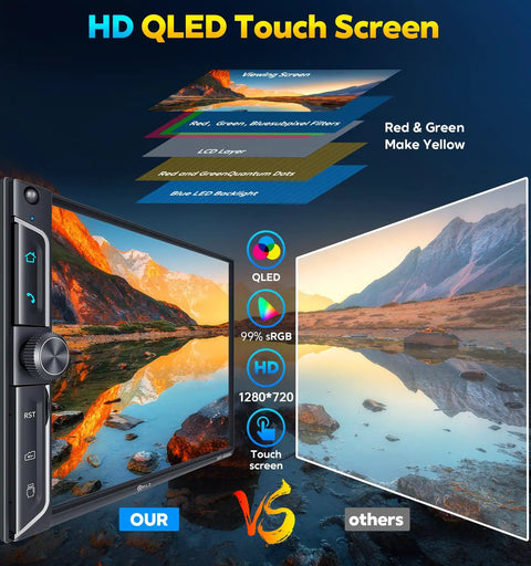 Dope 7 Inch Wireless Double Din Car Stereo With Apple CarPlay And Android Auto showing HD QLED touch screen display comparison