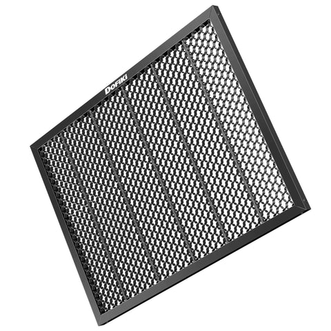 Dofiki honeycomb laser bed for Falcon A1/A1 Pro with aluminum bottom panel and honeycomb plate; angled front view