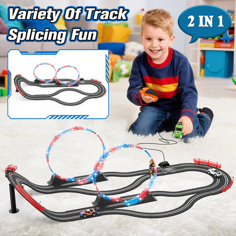 Child playing with Dual Lane Slot Car Race Track Set With Four High-Speed Cars, Electric Track, Dual Controllers, Circular Overpass Design