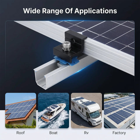 10 Piece Solar Panel End Clamps Mounting Kit For Unistrut And Aluminum Rails 30mm And 35mm with bolts shown on rail