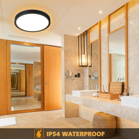 Dimmable LED Flush Mount Ceiling Light With Remote Control, 3000K-6000K Color Changing, 24W, installed in a modern bathroom