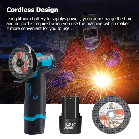 Beast Cordless Angle Grinder 19500 RPM with 12V Battery Pack and 2 Cutting Discs for metal, stone, wood, and concrete.