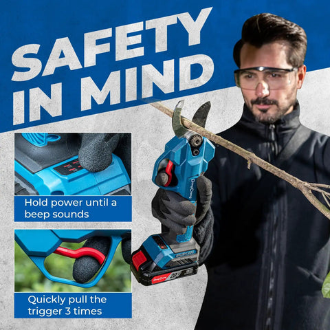 Cordless Electric Pruning Shears Built For Weak Hands Arthritis Relief Brushless Secateurs being used by a man cutting a branch.