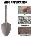 Heavy Duty Beefed-Up 1-3/16 Inch Hex Shovel Attachment For Demolition Hammers with examples of clay, concrete, gravel use