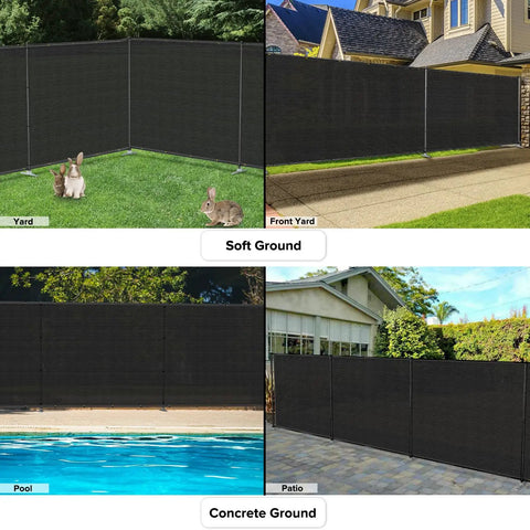 Various setups of the 6x24 Privacy Fence Kit Freestanding Mesh Screen With Iron Poles For Outdoor Patio And Backyard Privacy, Black Custom Fit.