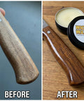 Before and after image of knife handle showing improvement with Straight Up Knife Steel Wax And Rust Preventative Coating For Stainless Carbon And Damascus Blades Cleans Protects And Keeps Edges Slick With Dope Organic Food Safe Formula Made In Usa For Top Tier Gear Heads.